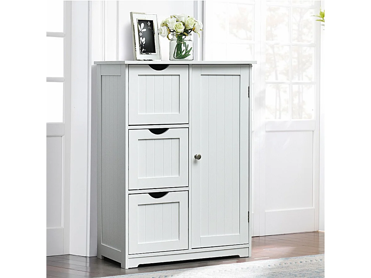 Meuble de Rangement Salle de Bain, avec 3 Tiroirs & 1 Placard - Étagère Réglable, 58x28x81cm - Blanc