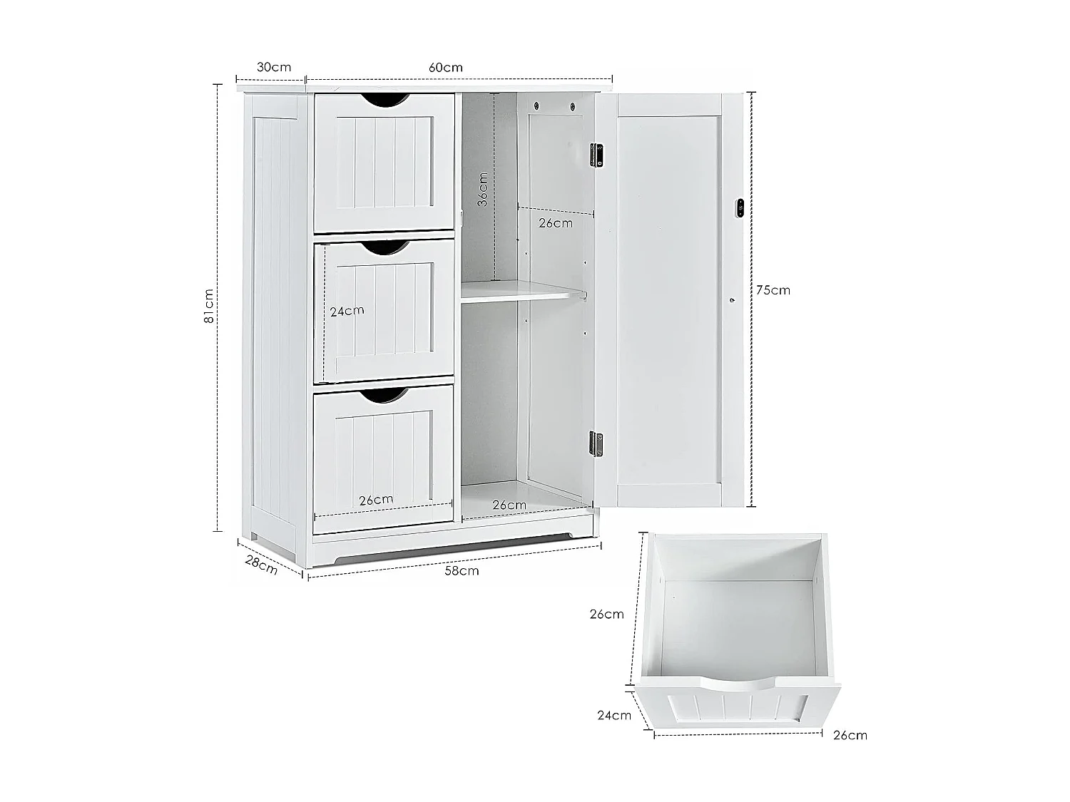 Meuble de Rangement Salle de Bain, avec 3 Tiroirs & 1 Placard - Étagère Réglable, 58x28x81cm - Blanc