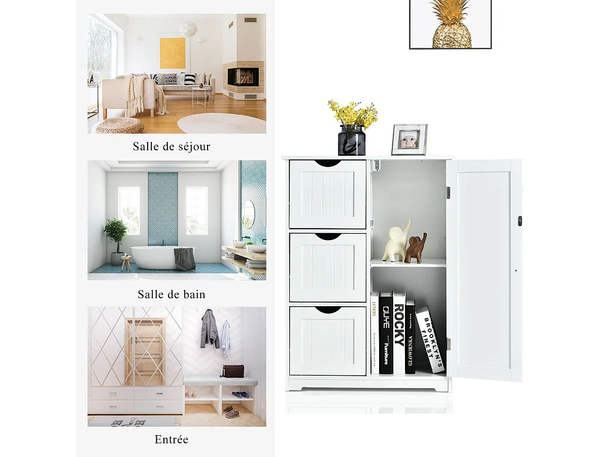 Meuble de Rangement Salle de Bain, avec 3 Tiroirs & 1 Placard - Étagère Réglable, 58x28x81cm - Blanc