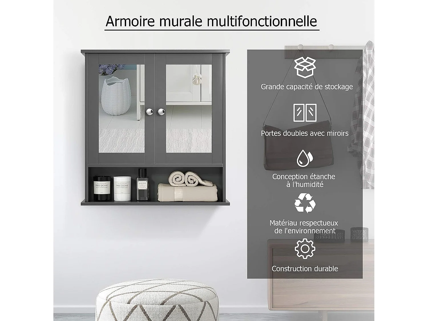 Armoire de de salle de bain avec miroir meuble rangement avec 3 etagères et 2 portes 56,5 x 13 x 58,5 cm gris