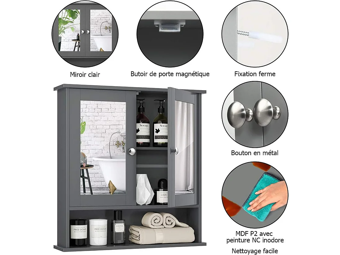 Armoire de de salle de bain avec miroir meuble rangement avec 3 etagères et 2 portes 56,5 x 13 x 58,5 cm gris
