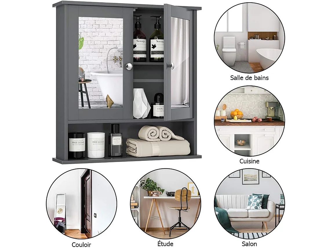 Armoire de de salle de bain avec miroir meuble rangement avec 3 etagères et 2 portes 56,5 x 13 x 58,5 cm gris