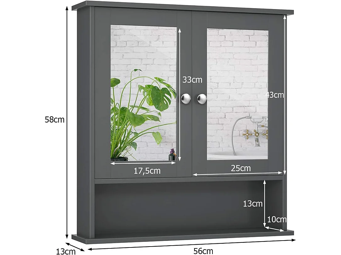 Armoire de de salle de bain avec miroir meuble rangement avec 3 etagères et 2 portes 56,5 x 13 x 58,5 cm gris