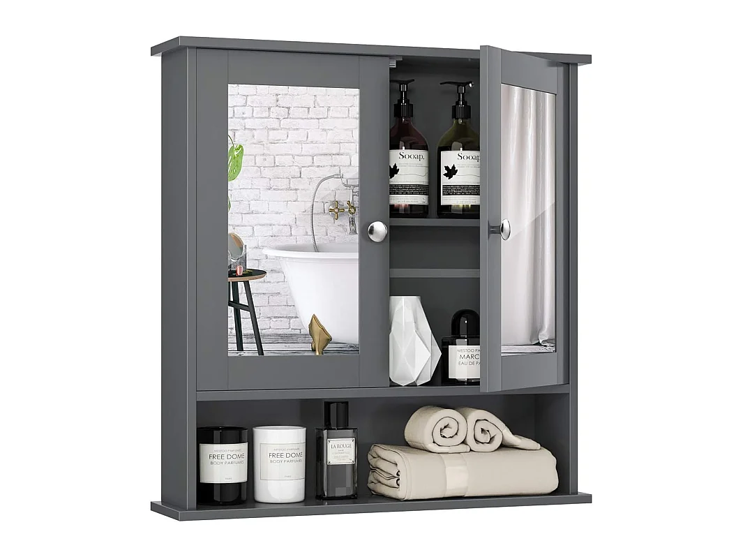 Armoire de de salle de bain avec miroir meuble rangement avec 3 etagères et 2 portes 56,5 x 13 x 58,5 cm gris