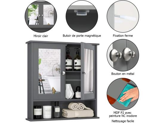 vente unique Armoire de de salle de bain avec miroir meuble rangement avec 3 etagères et 2 portes 56 5 x 13 x 58 5 cm gris
