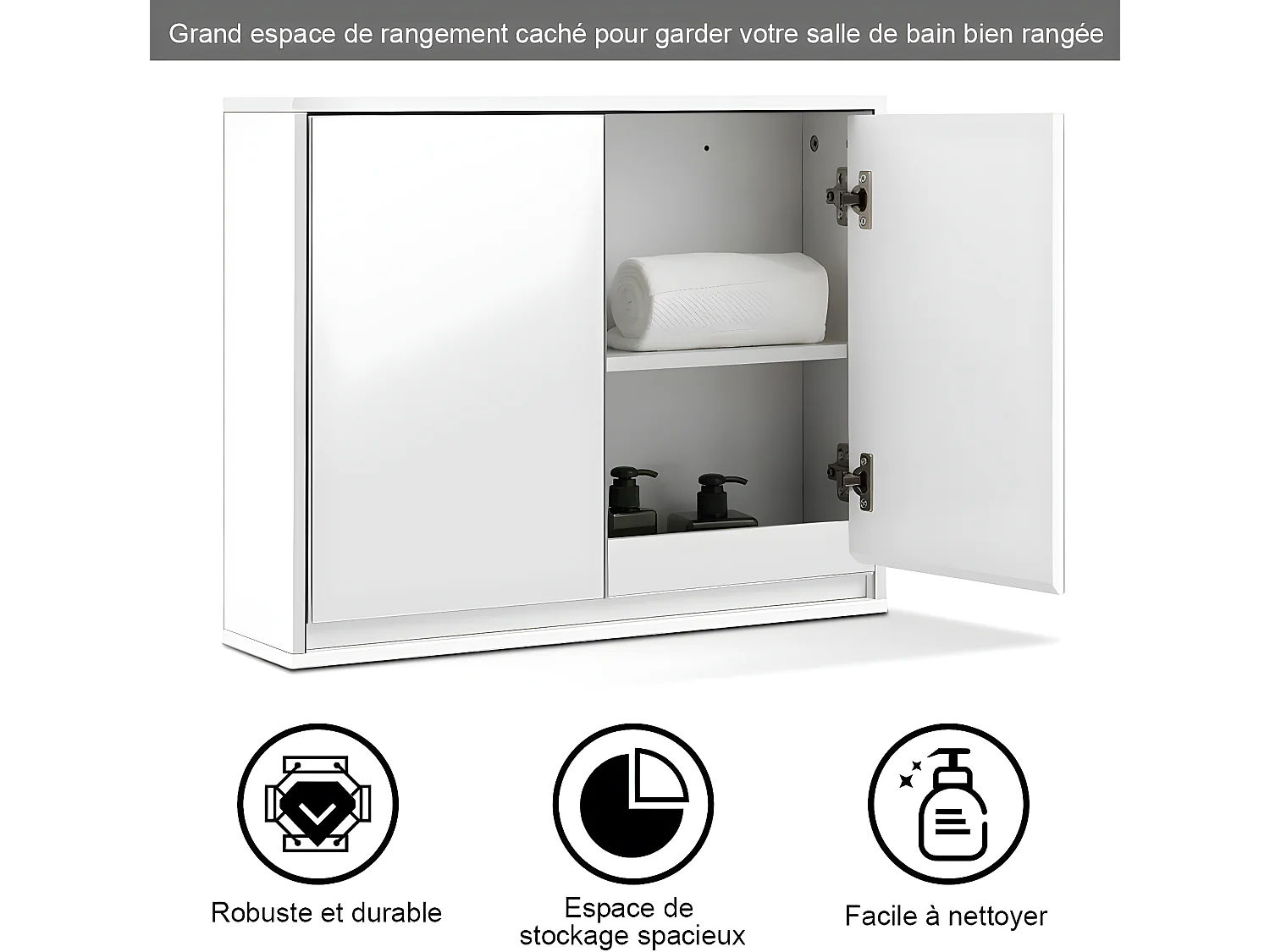 Meuble de salle de bain avec miroir hd, 55 x 14 x 45 cm armoire wc mural avec 2 portes