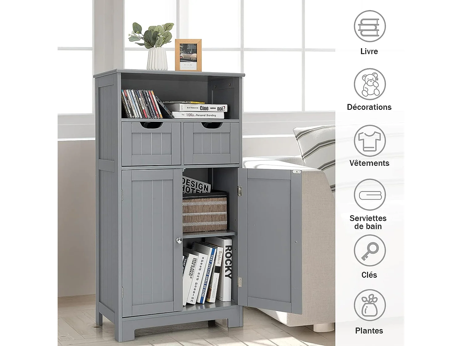 Meuble de rangement de salle de bain commode blanche de toilette/chambre 60 x 30 x 109 cm