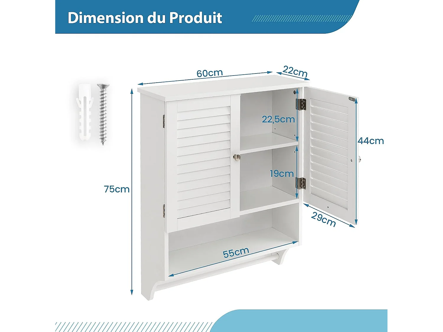 Meuble de Salle de Bain Armoire Murale, 60 x 22 x 75 cm, Blanc