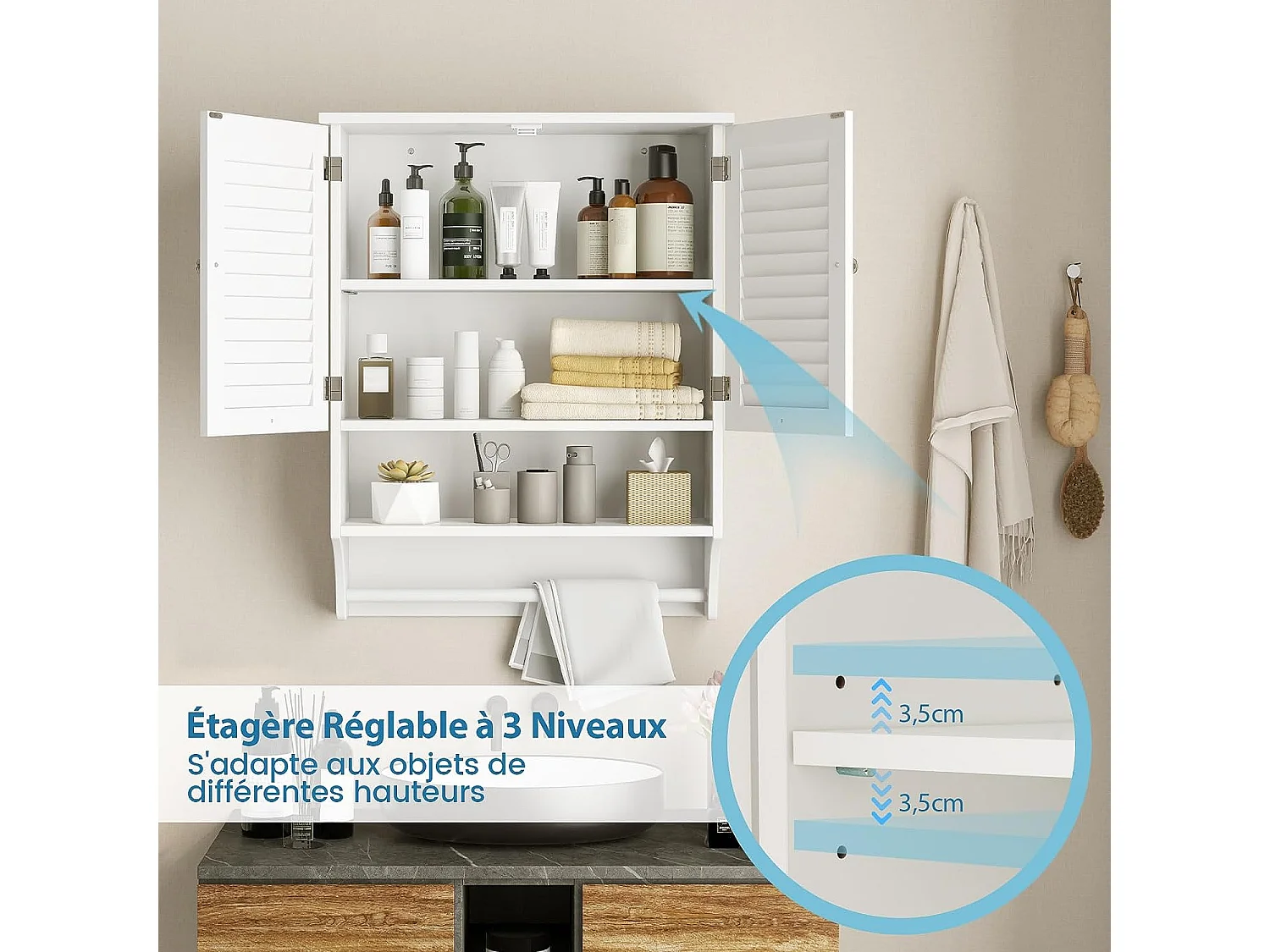 Meuble de Salle de Bain Armoire Murale, 60 x 22 x 75 cm, Blanc