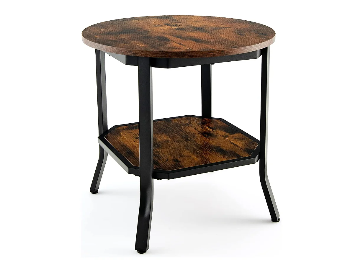 Table d'Appoint Ronde, Table Basse avec Coussinets de Pied Réglables, Table de Chevet à 2 Niveaux avec Structure Métallique Stable, Style Industriel, Bout de Canapé pour Salon, Chambre, Bureau