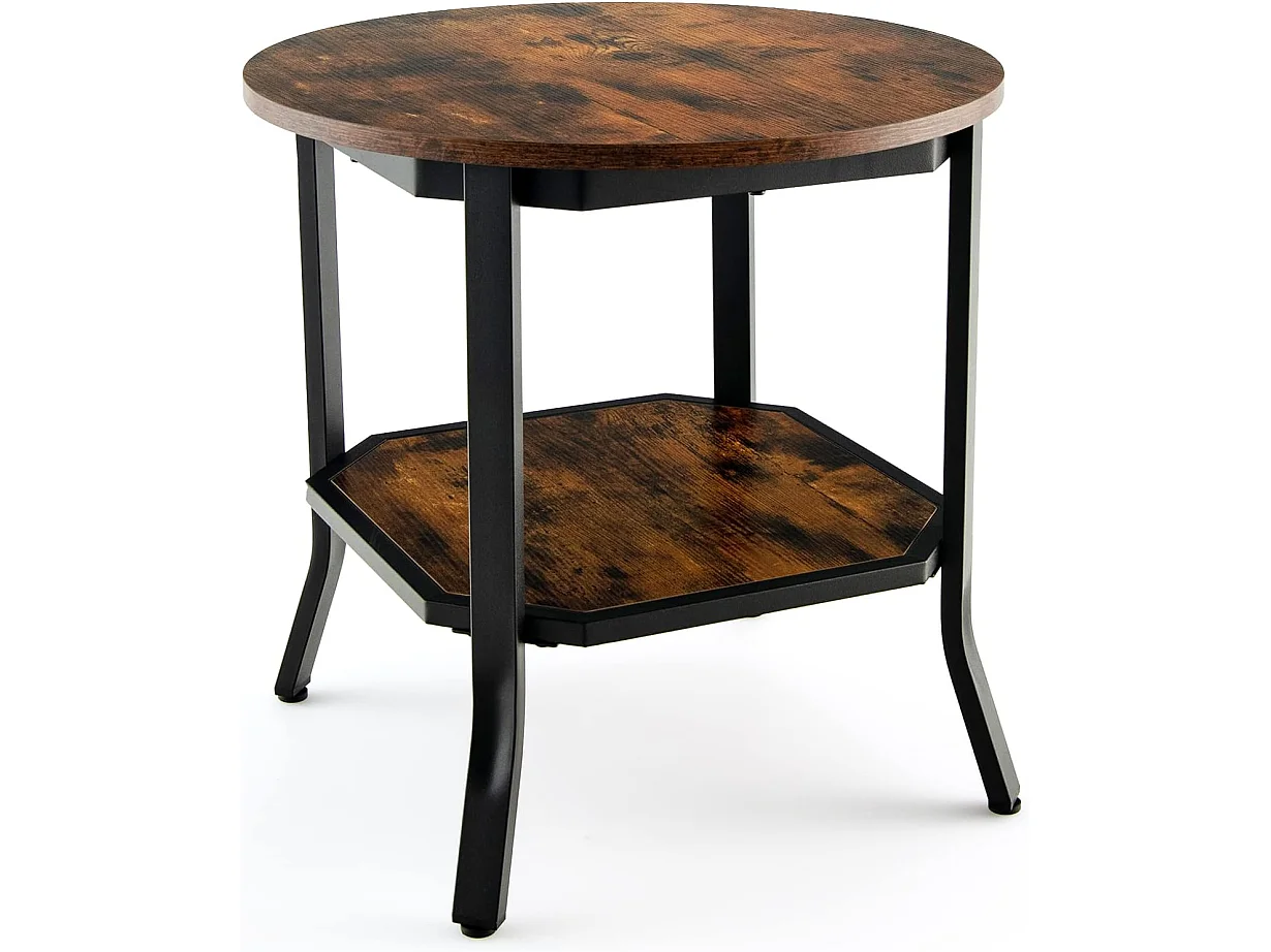 Table d'Appoint Ronde, Table Basse avec Coussinets de Pied Réglables, Table de Chevet à 2 Niveaux avec Structure Métallique Stable, Style Industriel, Bout de Canapé pour Salon, Chambre, Bureau