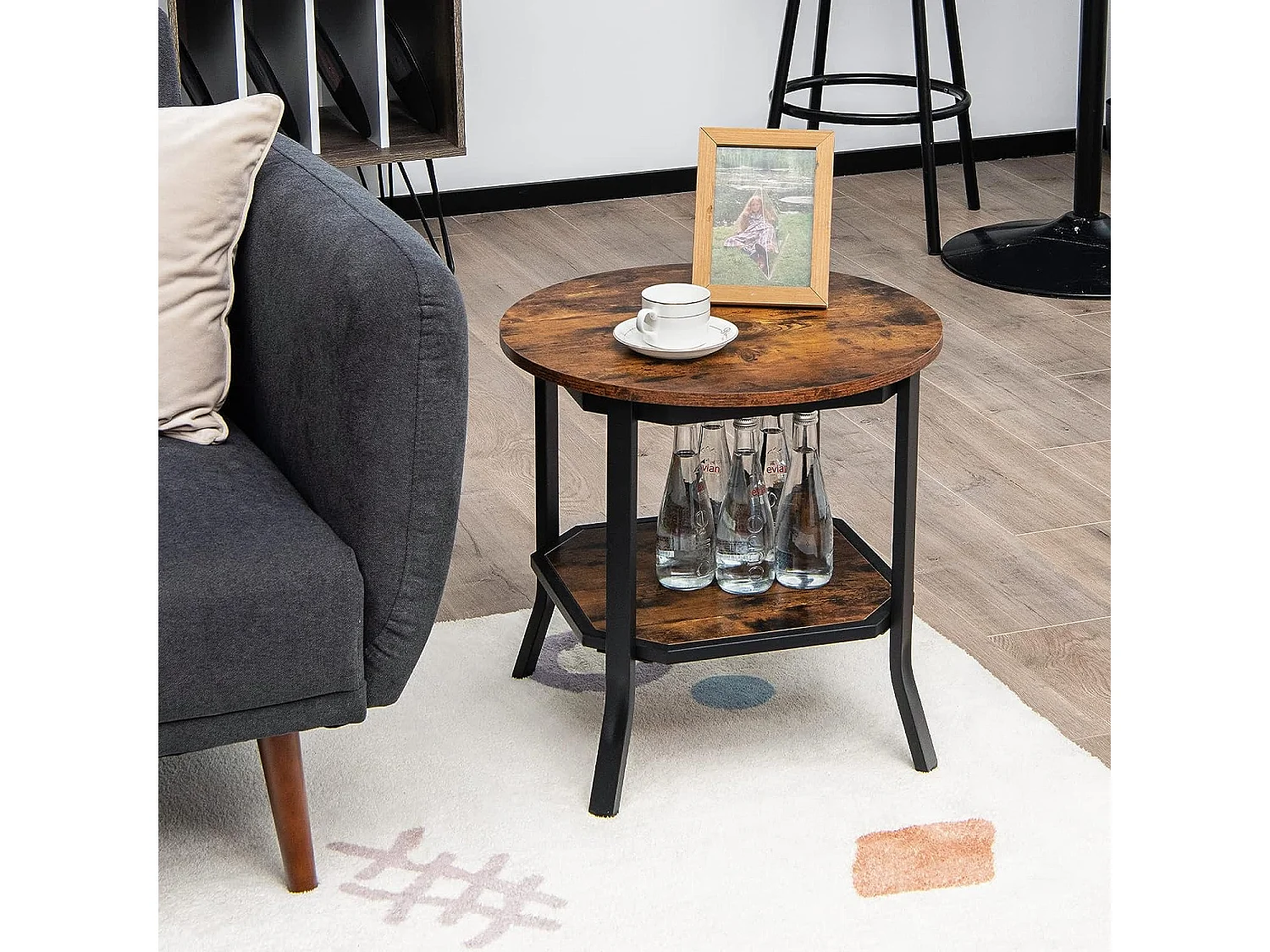 Table d'Appoint Ronde, Table Basse avec Coussinets de Pied Réglables, Table de Chevet à 2 Niveaux avec Structure Métallique Stable, Style Industriel, Bout de Canapé pour Salon, Chambre, Bureau