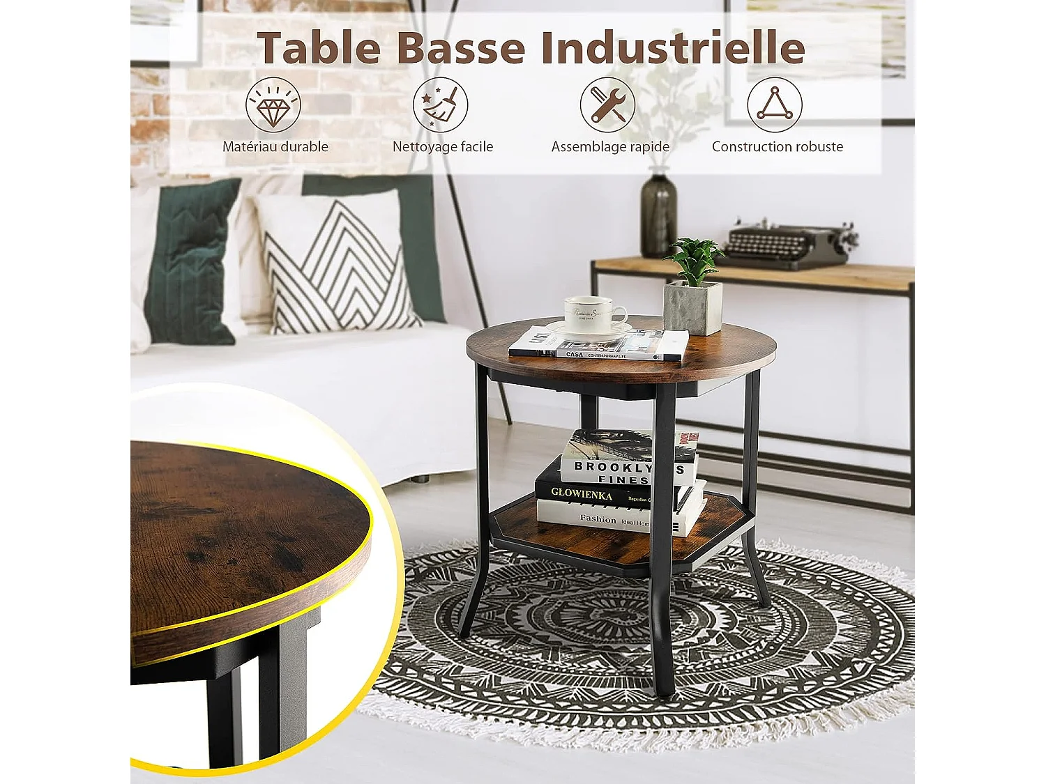 Table d'Appoint Ronde, Table Basse avec Coussinets de Pied Réglables, Table de Chevet à 2 Niveaux avec Structure Métallique Stable, Style Industriel, Bout de Canapé pour Salon, Chambre, Bureau