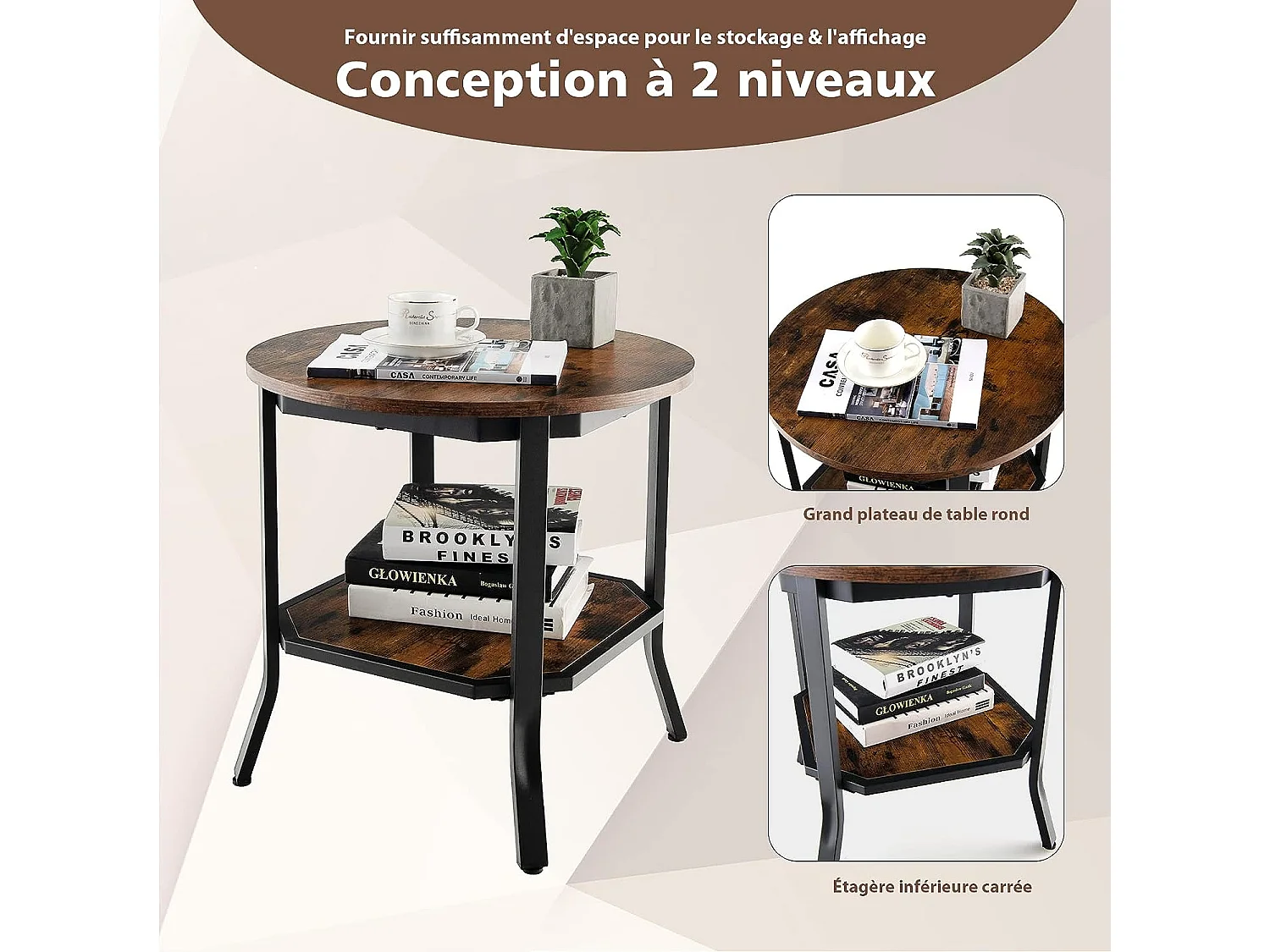 Table d'Appoint Ronde, Table Basse avec Coussinets de Pied Réglables, Table de Chevet à 2 Niveaux avec Structure Métallique Stable, Style Industriel, Bout de Canapé pour Salon, Chambre, Bureau