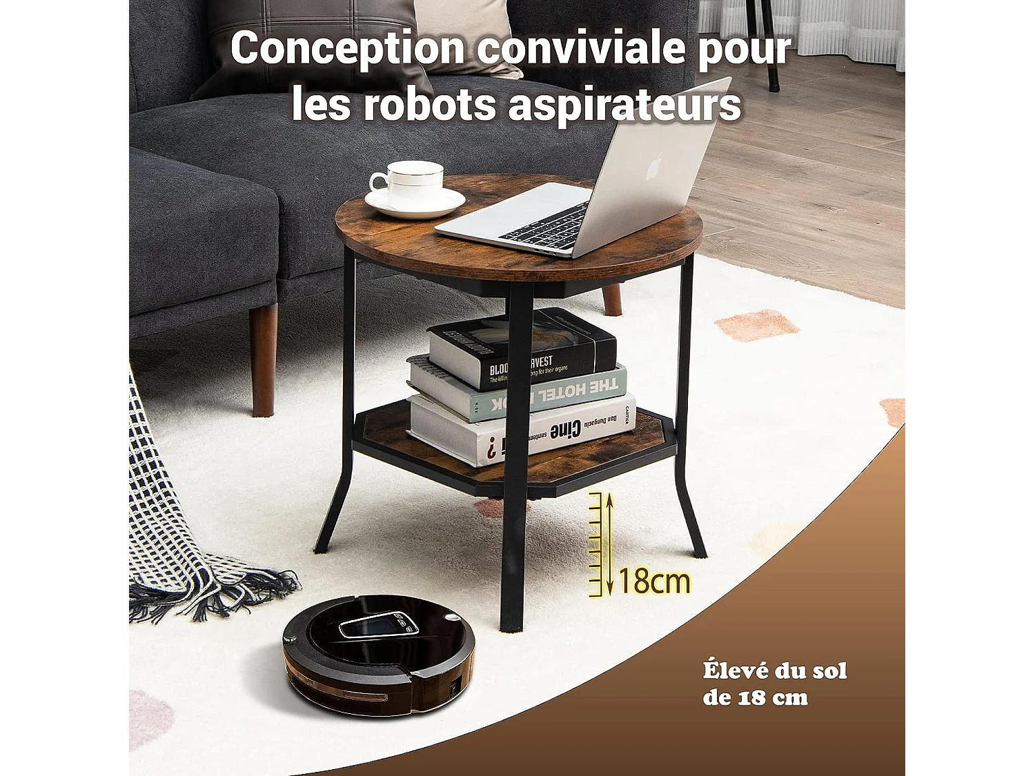 Table d'Appoint Ronde, Table Basse avec Coussinets de Pied Réglables, Table de Chevet à 2 Niveaux avec Structure Métallique Stable, Style Industriel, Bout de Canapé pour Salon, Chambre, Bureau