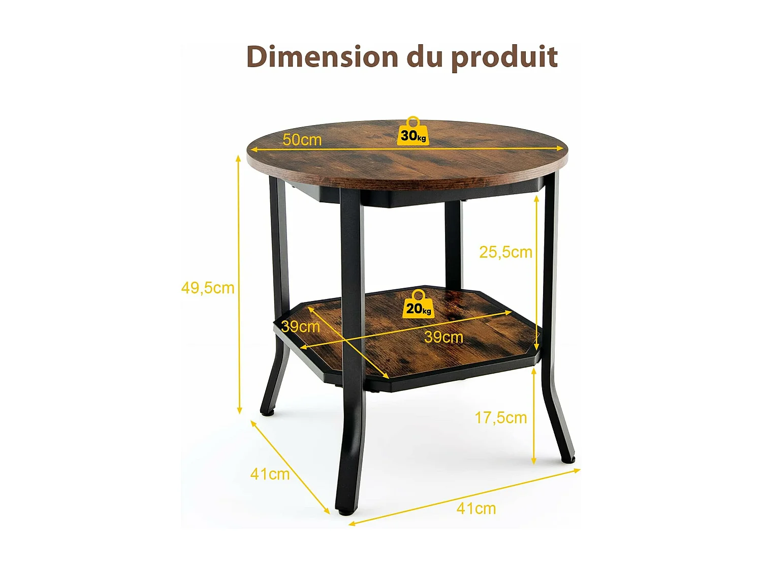 Table d'Appoint Ronde, Table Basse avec Coussinets de Pied Réglables, Table de Chevet à 2 Niveaux avec Structure Métallique Stable, Style Industriel, Bout de Canapé pour Salon, Chambre, Bureau