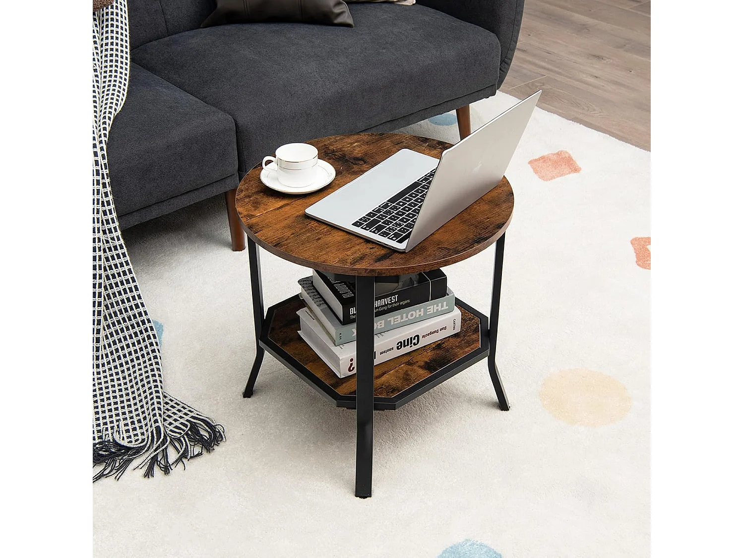 Table d'Appoint Ronde, Table Basse avec Coussinets de Pied Réglables, Table de Chevet à 2 Niveaux avec Structure Métallique Stable, Style Industriel, Bout de Canapé pour Salon, Chambre, Bureau