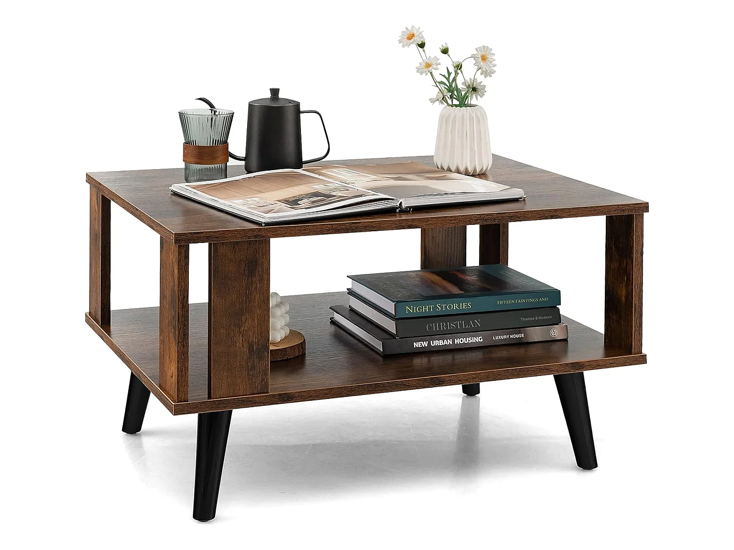 Table basse à 2 niveaux, table d'appoint industriel 4 jambes patins antidérapants  70 x 50 x 41 cm