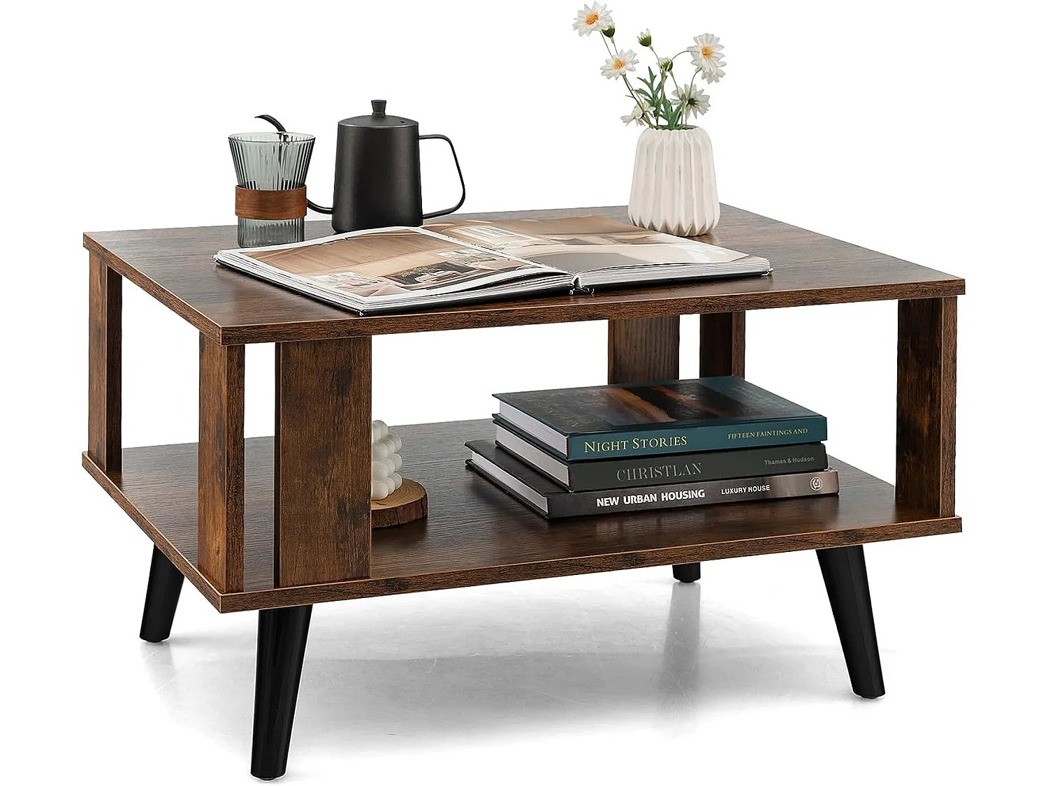 Table basse à 2 niveaux, table d'appoint industriel 4 jambes patins antidérapants  70 x 50 x 41 cm