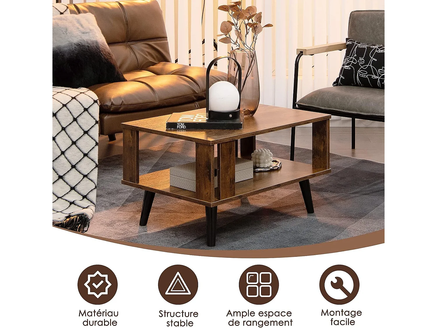 Table basse à 2 niveaux, table d'appoint industriel 4 jambes patins antidérapants  70 x 50 x 41 cm