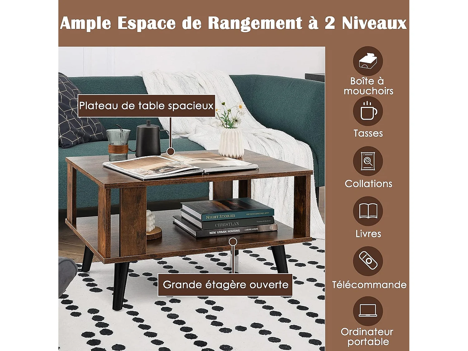 Table basse à 2 niveaux, table d'appoint industriel 4 jambes patins antidérapants  70 x 50 x 41 cm