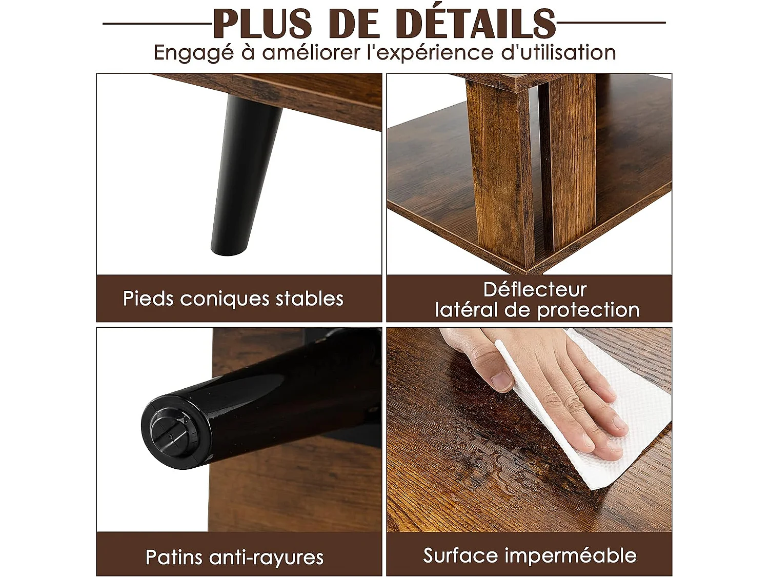 Table basse à 2 niveaux, table d'appoint industriel 4 jambes patins antidérapants  70 x 50 x 41 cm