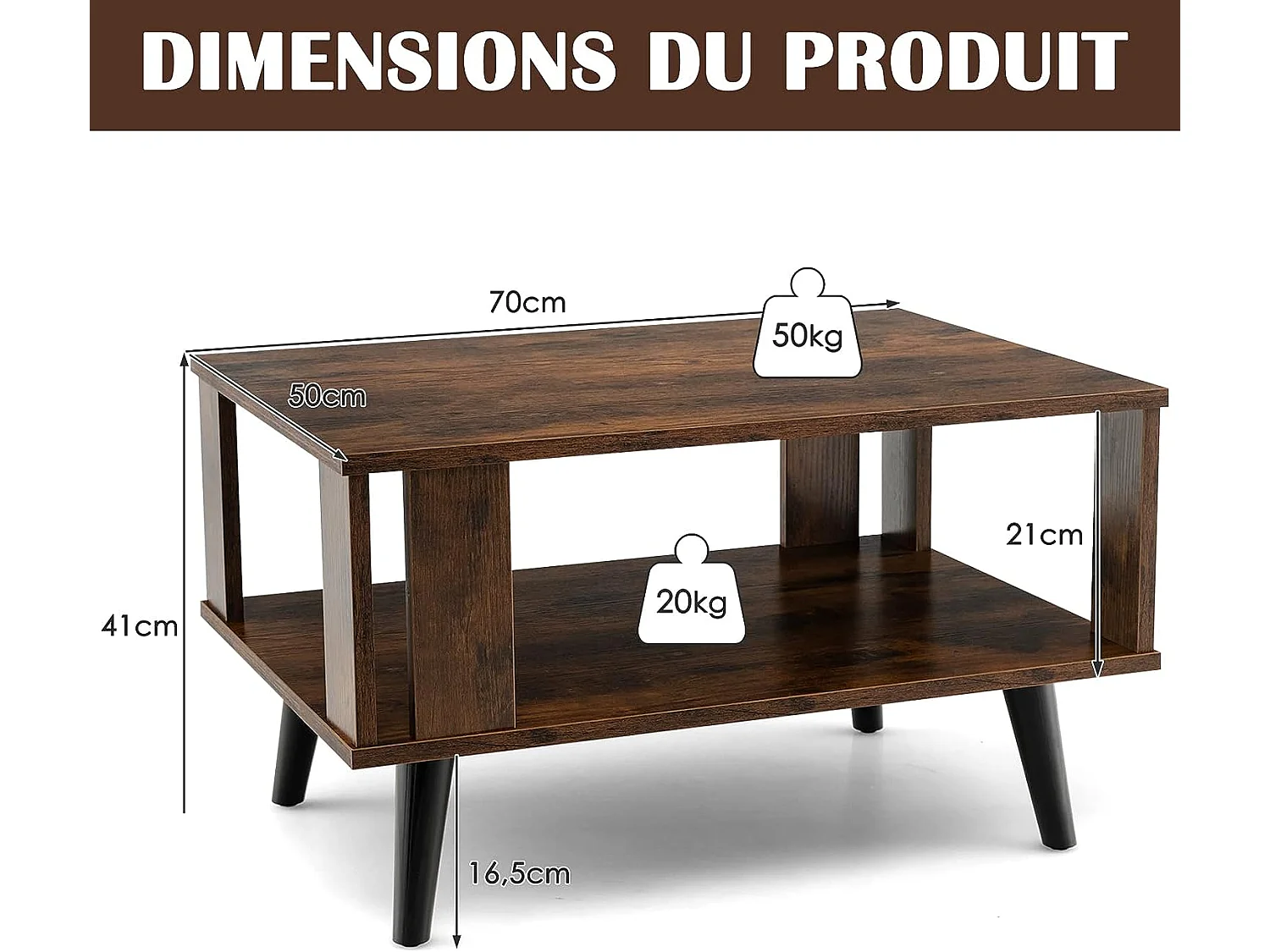 Table basse à 2 niveaux, table d'appoint industriel 4 jambes patins antidérapants  70 x 50 x 41 cm