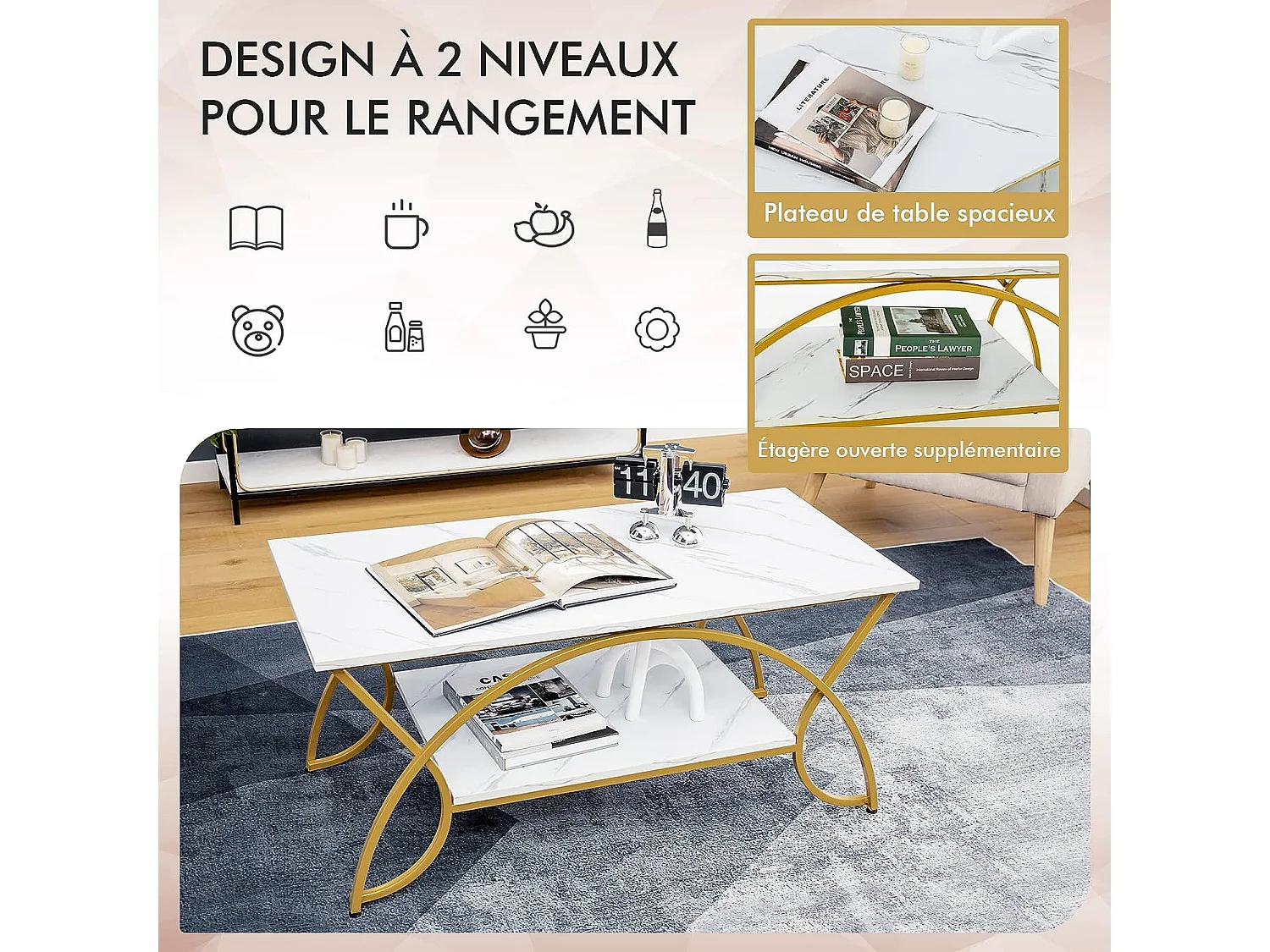 Table basse imprimée marbre à 2 niveaux 100 x 50 x 45 cm