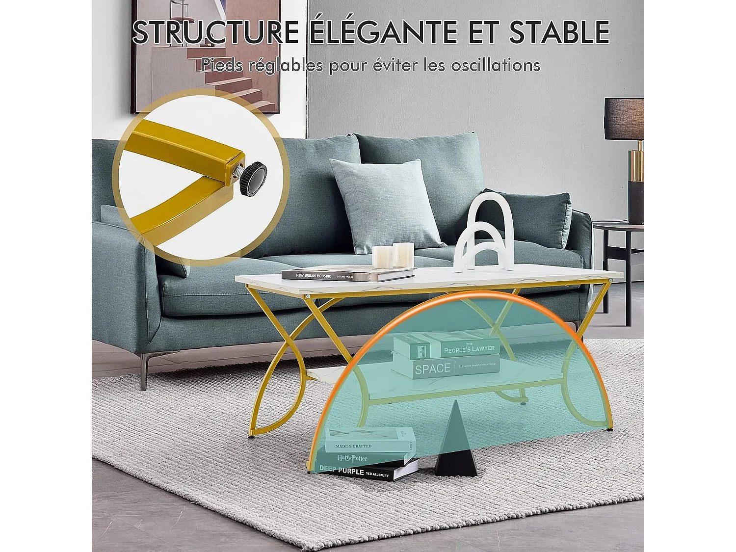 Table basse imprimée marbre à 2 niveaux 100 x 50 x 45 cm