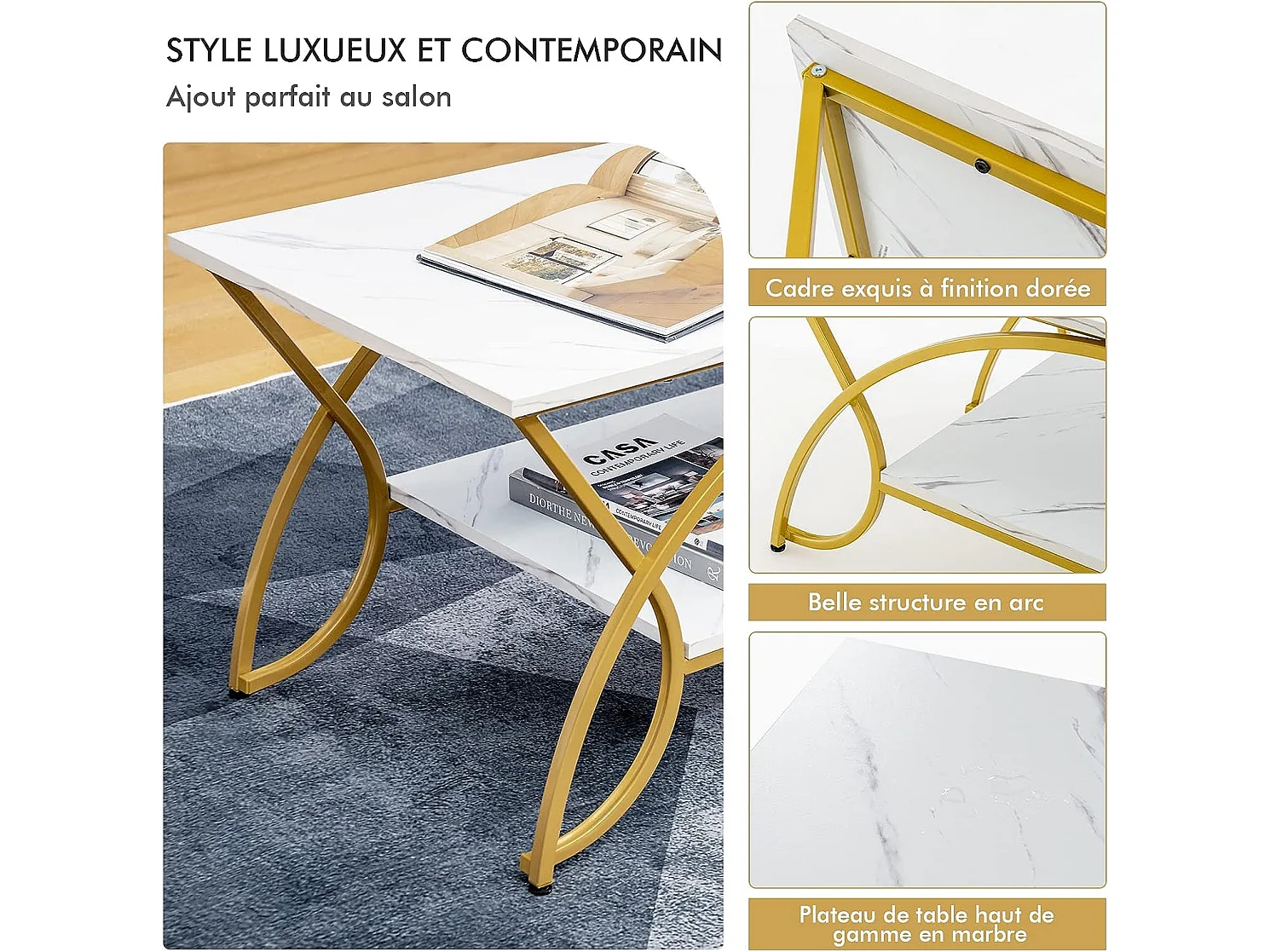 Table basse imprimée marbre à 2 niveaux 100 x 50 x 45 cm