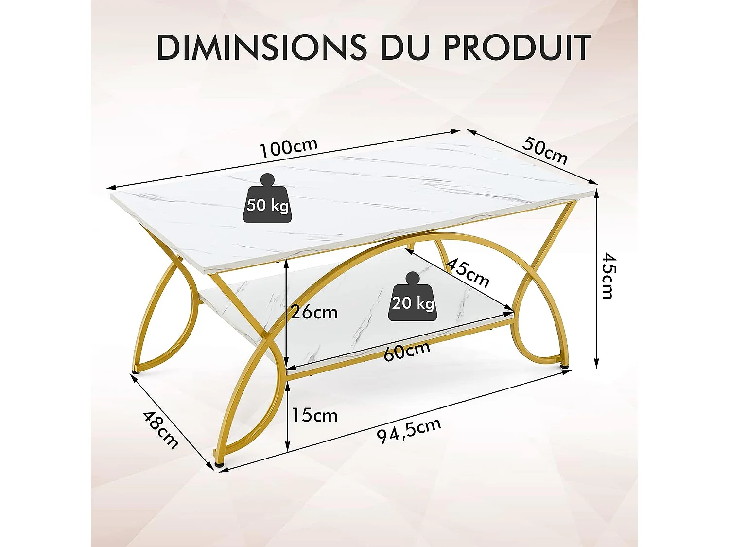 Table basse imprimée marbre à 2 niveaux 100 x 50 x 45 cm