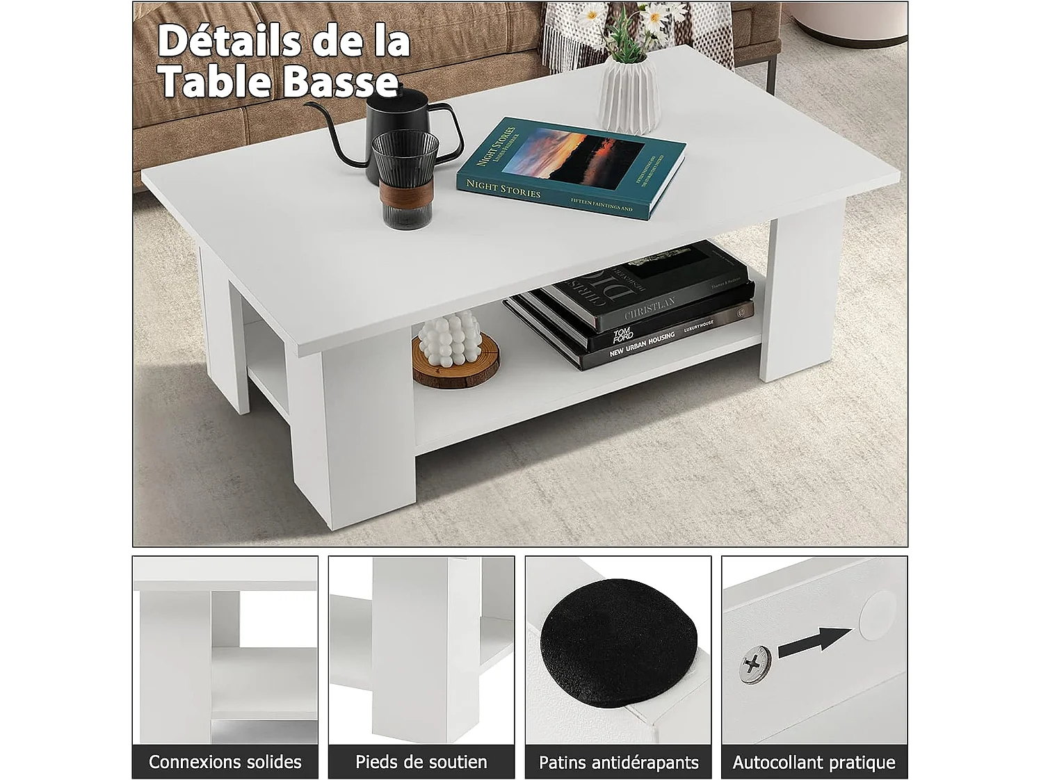 Table basse en bois avec compartiment ouvert, table d'appoint rectangulaire 90 x 52 x 32 cm, blanc