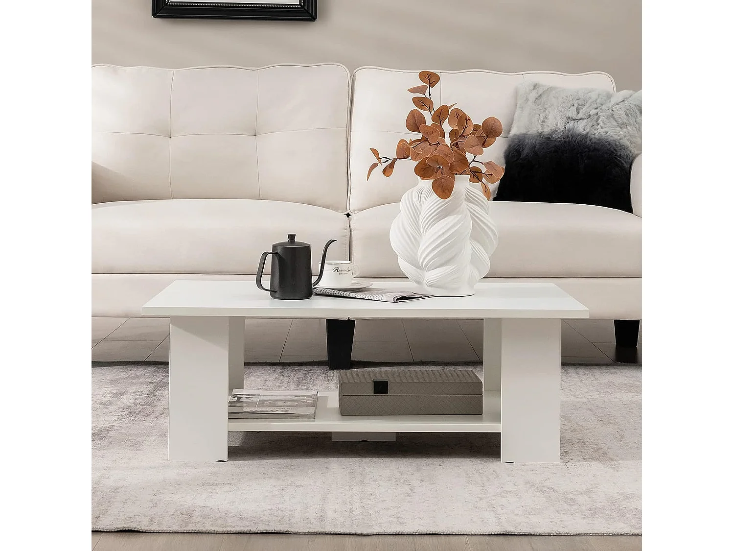 Table basse en bois avec compartiment ouvert, table d'appoint rectangulaire 90 x 52 x 32 cm, blanc