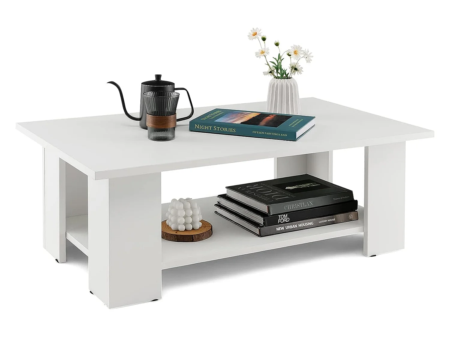 Table basse en bois avec compartiment ouvert, table d'appoint rectangulaire 90 x 52 x 32 cm, blanc