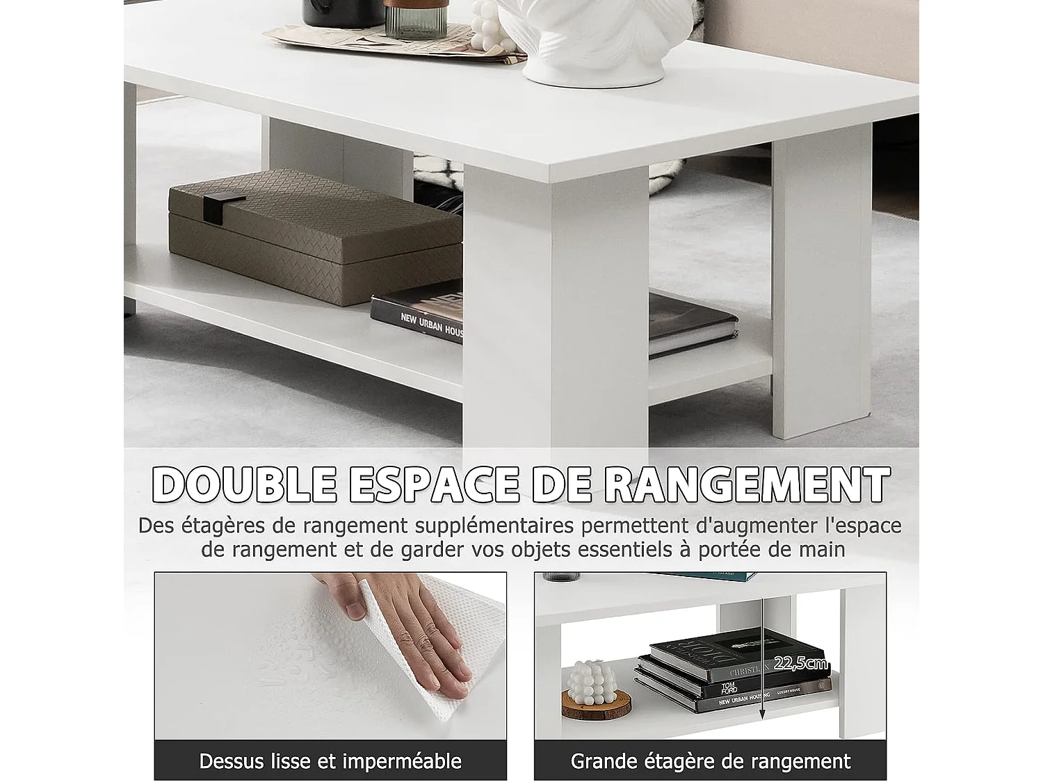 Table basse en bois avec compartiment ouvert, table d'appoint rectangulaire 90 x 52 x 32 cm, blanc