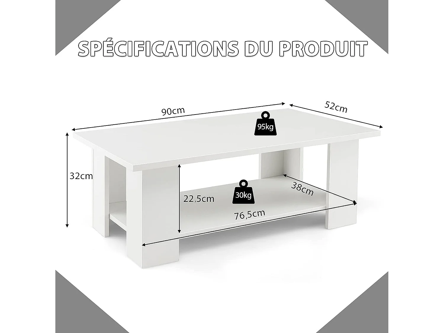 Table basse en bois avec compartiment ouvert, table d'appoint rectangulaire 90 x 52 x 32 cm, blanc