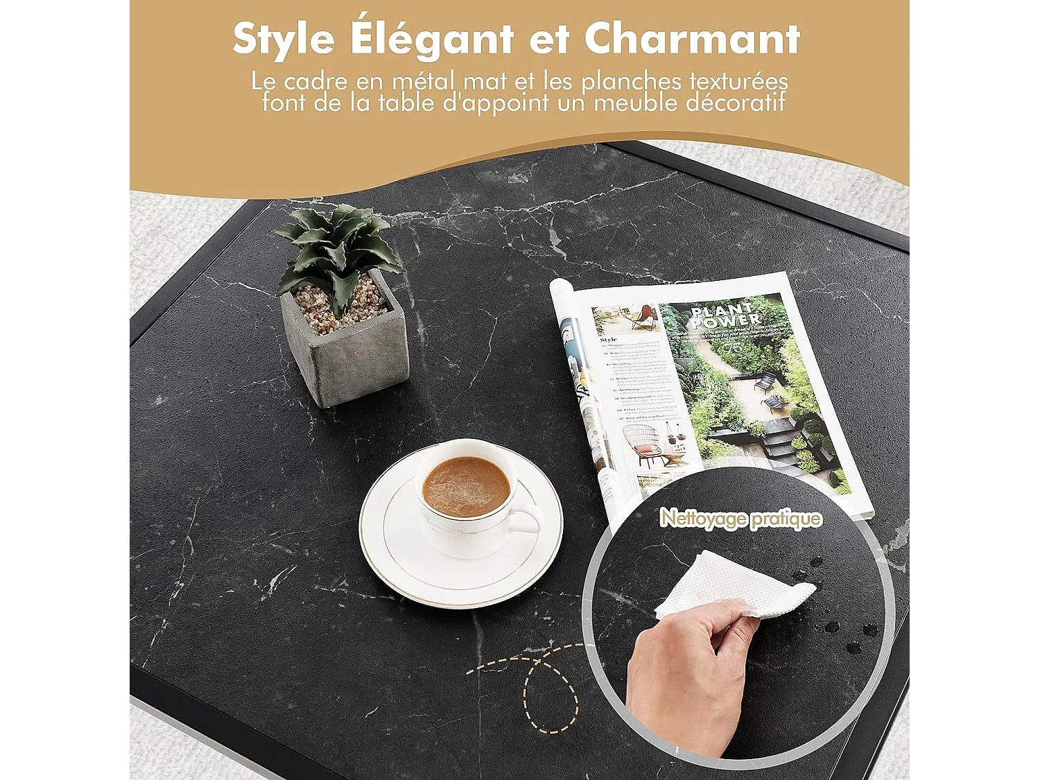 Table basse carrée moderne avec dessus de table en faux marbre et structure en acier, noir