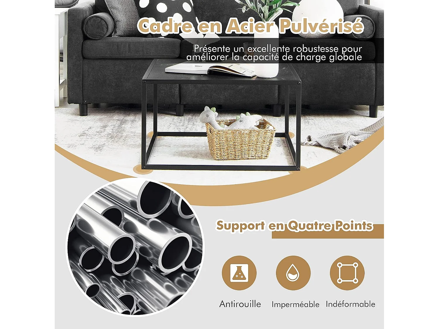 Table basse carrée moderne avec dessus de table en faux marbre et structure en acier, noir