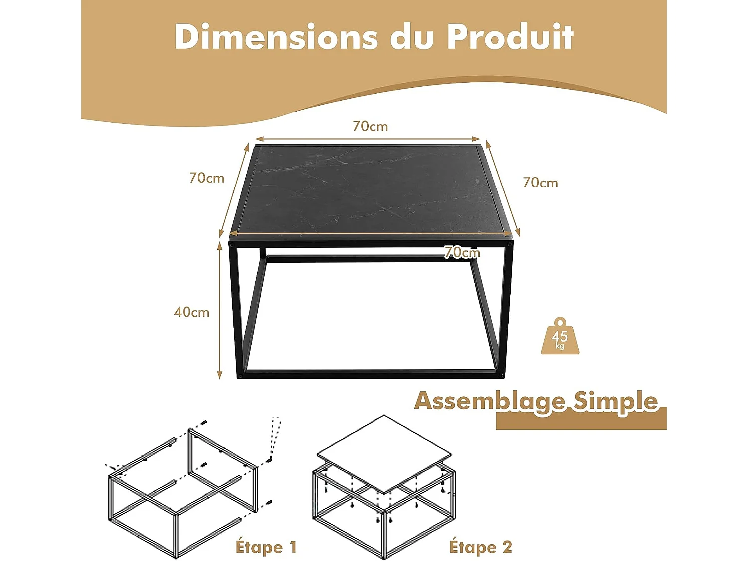 Table basse carrée moderne avec dessus de table en faux marbre et structure en acier, noir