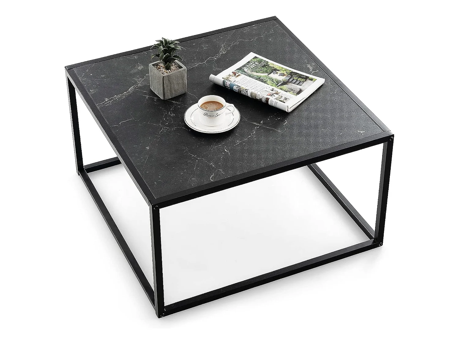 Table basse carrée moderne avec dessus de table en faux marbre et structure en acier, noir