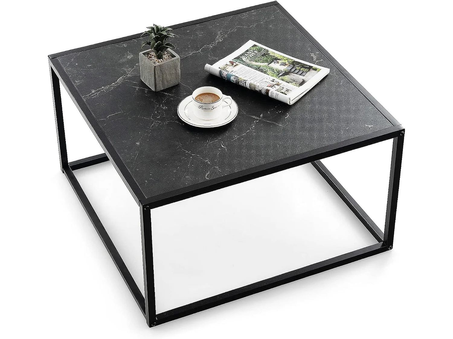 Table basse carrée moderne avec dessus de table en faux marbre et structure en acier, noir