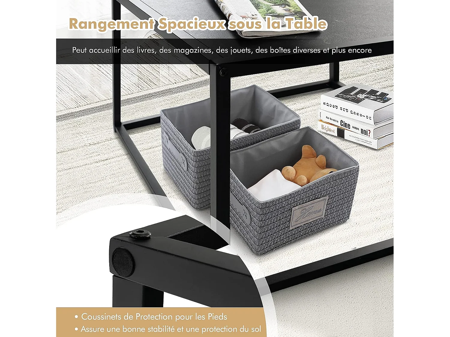 Table basse carrée moderne avec dessus de table en faux marbre et structure en acier, noir