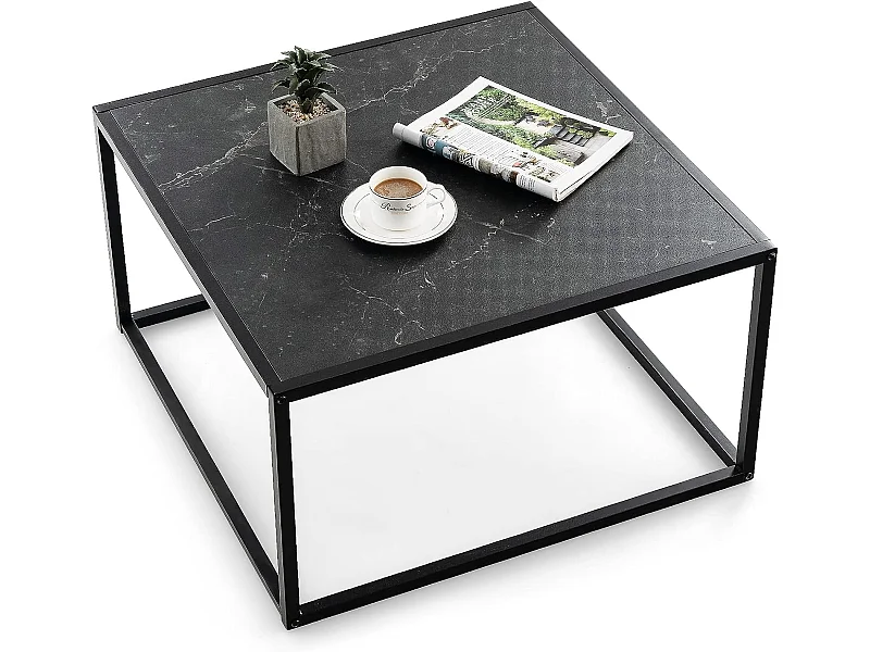 Table basse carrée moderne avec dessus de table en faux marbre et structure en acier, noir