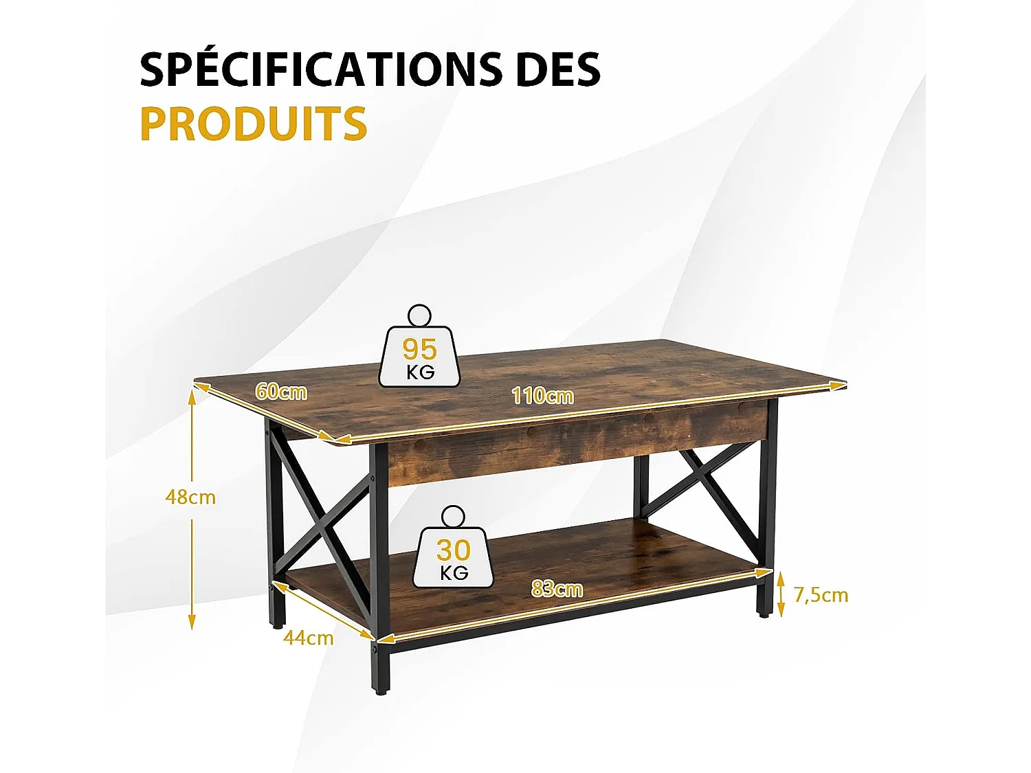 Table Basse à 2 Niveaux, Table Salon Industrielle Plateau en Bois et Cadre Métallique en Forme de X, Pieds Réglables, 110 x 60 x 48 cm (Brun Rustique)