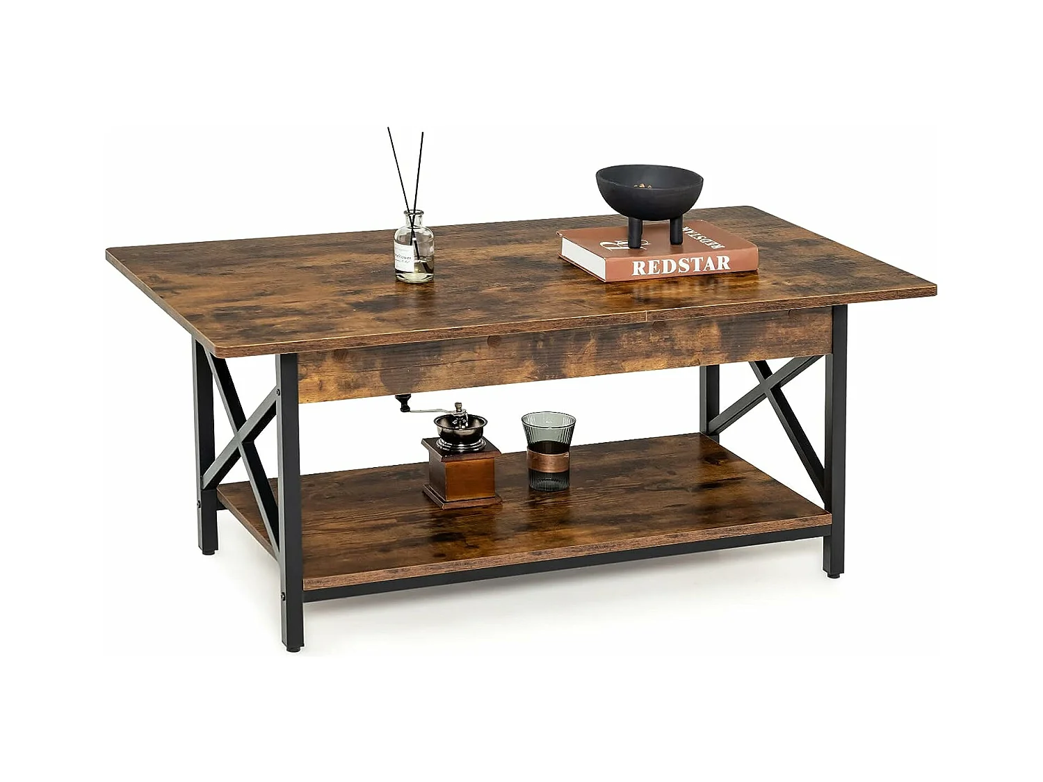 Table Basse à 2 Niveaux, Table Salon Industrielle Plateau en Bois et Cadre Métallique en Forme de X, Pieds Réglables, 110 x 60 x 48 cm (Brun Rustique)