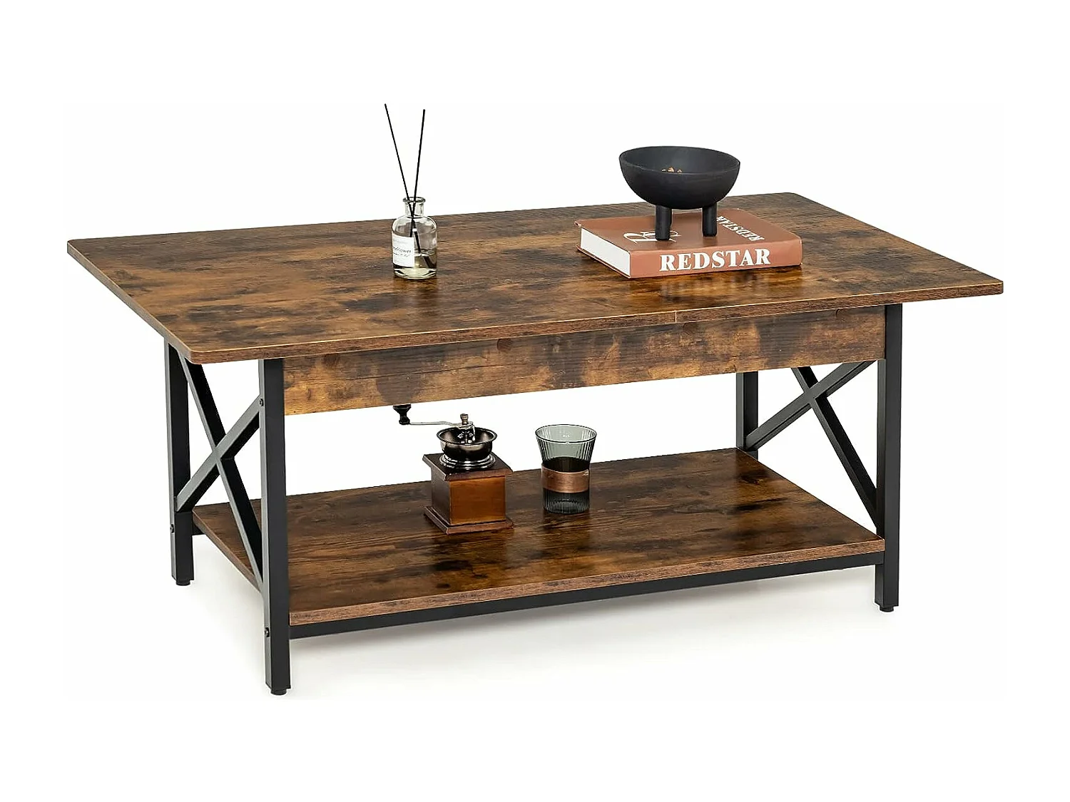 Table Basse à 2 Niveaux, Table Salon Industrielle Plateau en Bois et Cadre Métallique en Forme de X, Pieds Réglables, 110 x 60 x 48 cm (Brun Rustique)