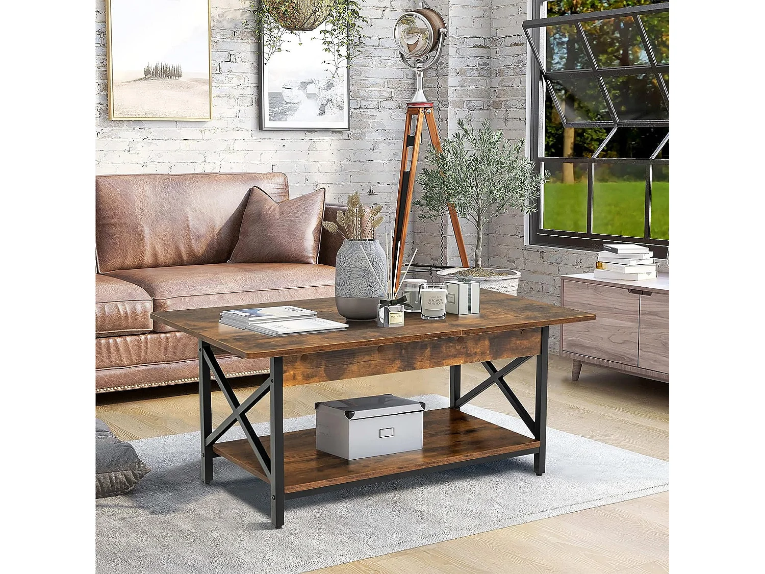 Table Basse à 2 Niveaux, Table Salon Industrielle Plateau en Bois et Cadre Métallique en Forme de X, Pieds Réglables, 110 x 60 x 48 cm (Brun Rustique)