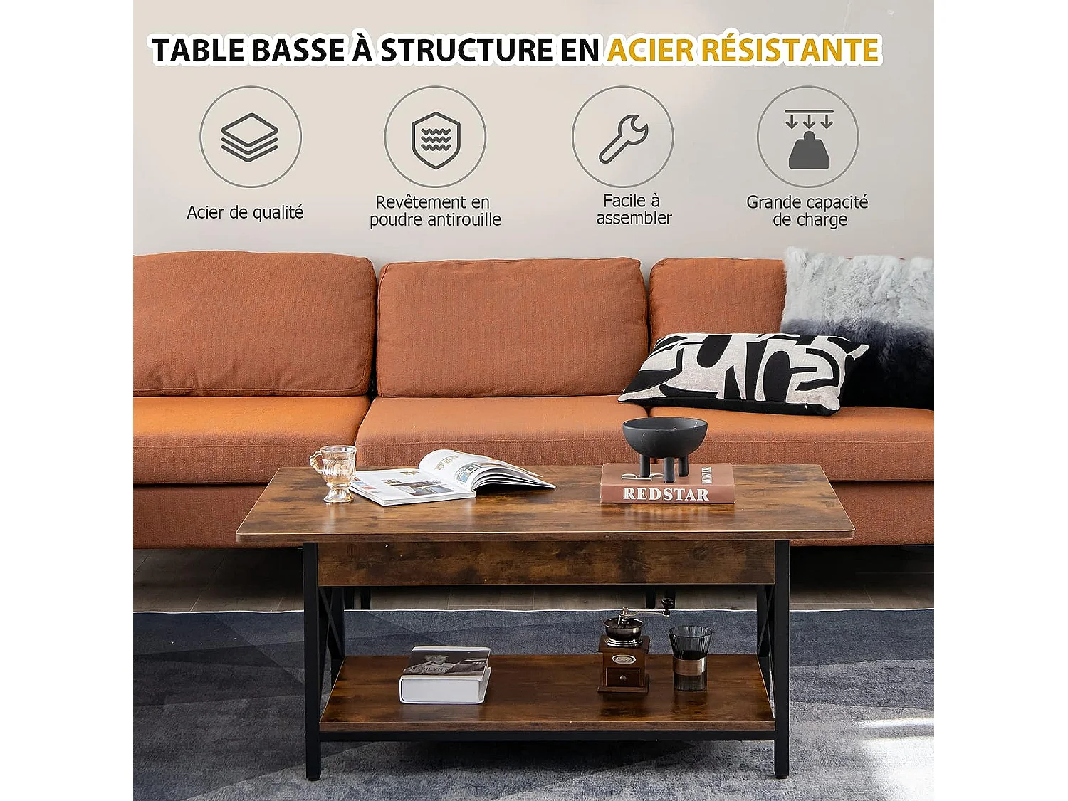 Table Basse à 2 Niveaux, Table Salon Industrielle Plateau en Bois et Cadre Métallique en Forme de X, Pieds Réglables, 110 x 60 x 48 cm (Brun Rustique)