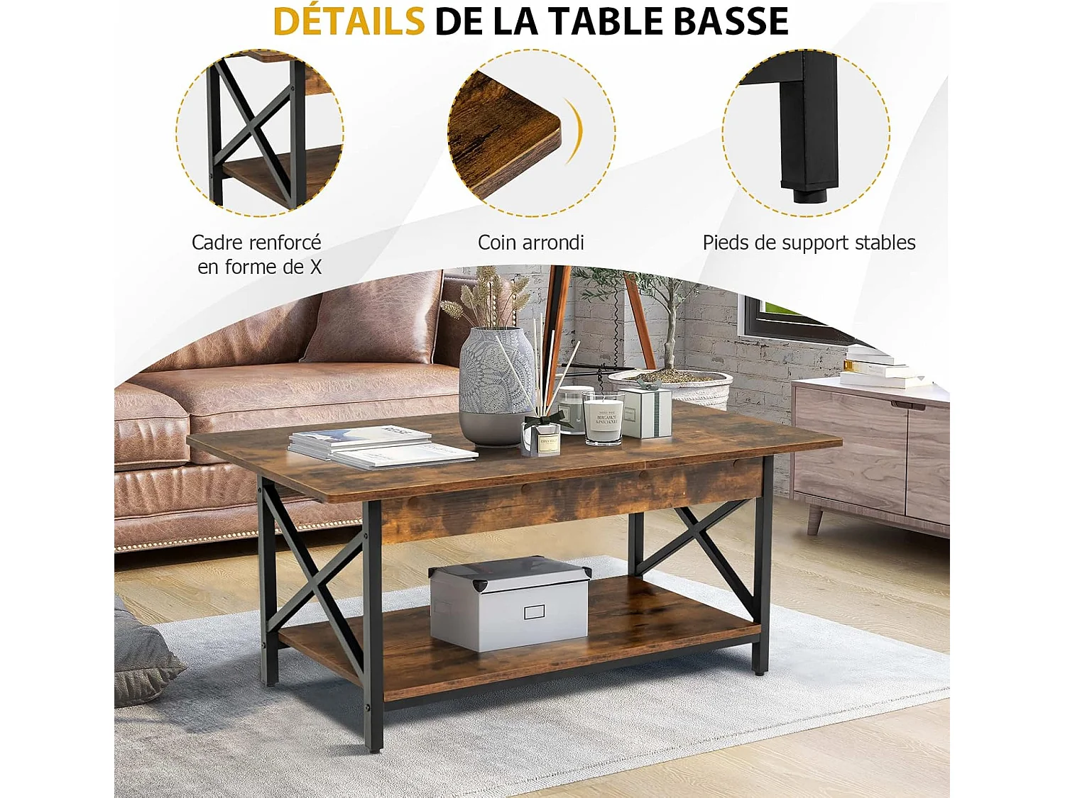 Table Basse à 2 Niveaux, Table Salon Industrielle Plateau en Bois et Cadre Métallique en Forme de X, Pieds Réglables, 110 x 60 x 48 cm (Brun Rustique)
