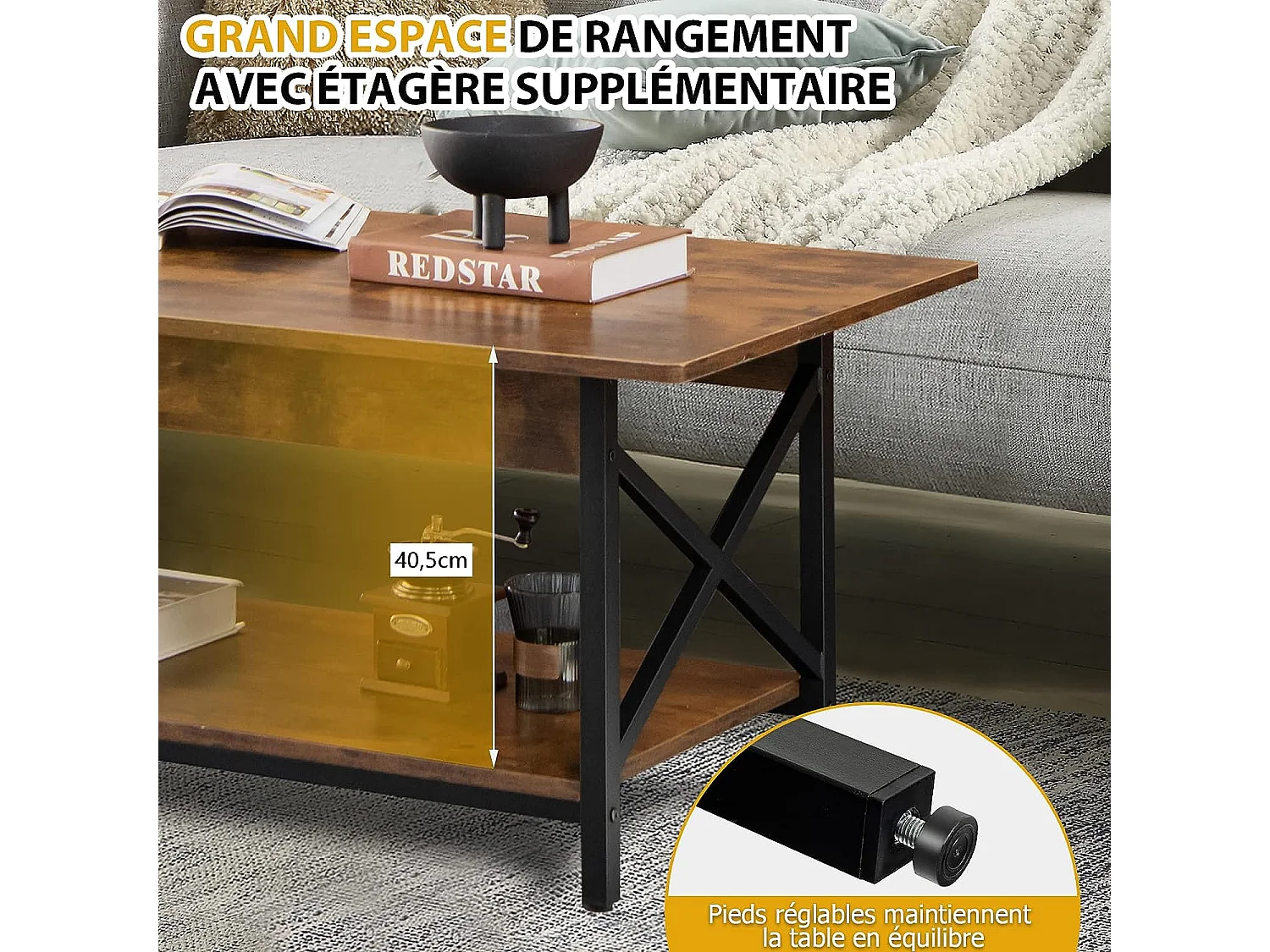 Table Basse à 2 Niveaux, Table Salon Industrielle Plateau en Bois et Cadre Métallique en Forme de X, Pieds Réglables, 110 x 60 x 48 cm (Brun Rustique)